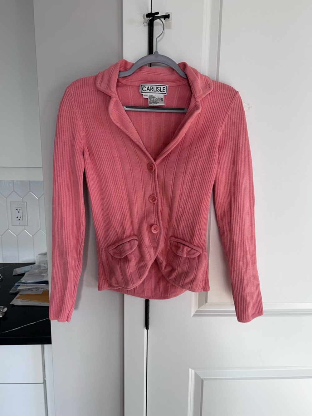 Vintage Carlisle Coral Pink Ribbed Silk Blend Button-Up Cardigan Soft Knit Top